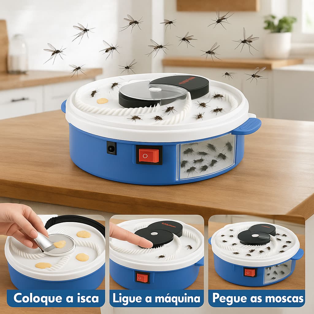 Armadilha Captura Moscas e Mosquitos USB Bivolt – Silenciosa, Eficiente, Usa Isca e Mede 20x20x7cm