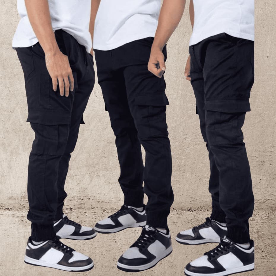 Calça Jogger Masculina Cargo Jeans Claro Cos Elástico Cordão Sarja Preto Com Bolsos Laterais