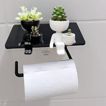 Porta Celular Suporte Papel Higiênico Com Vidro Papeleira Preto Vidro Fumê,