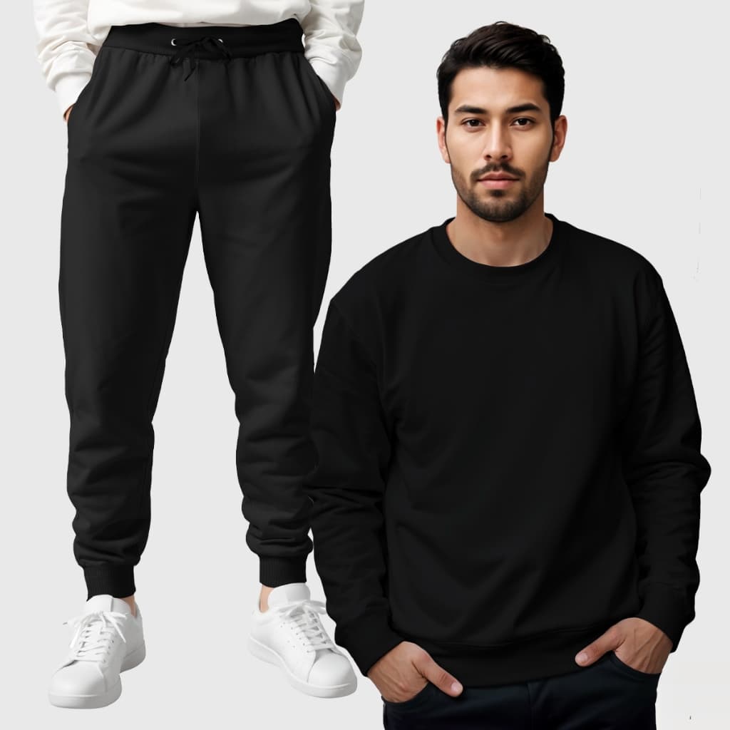 Conjunto de Moletom Gola Careca Masculino Liso Blusa e Calça Interior Flanelado Costuras Reforçadas