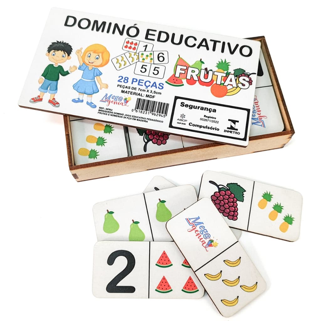 Brinquedo Dominó Jogo Educativo Pedagógico Frutas 28pcs Em Madeira - Mega Impress