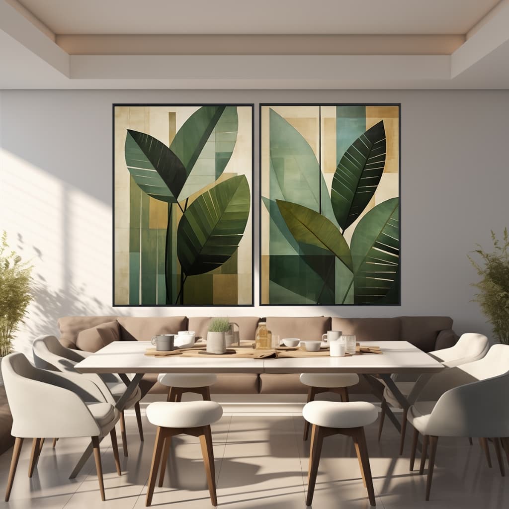 Conj de 2 Quadros Decorativos Folhas Abstratas, Sala, Quarto, Escritório, Acabamento Luxo Moldura