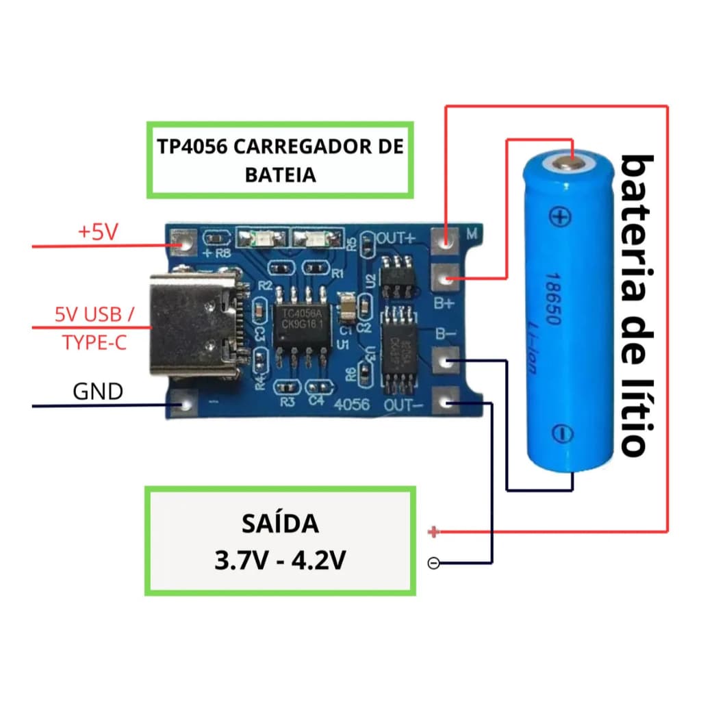 Módulo Tp4056 Carregador Usb C 5V C/ Proteção Bateria Li-ion 18650