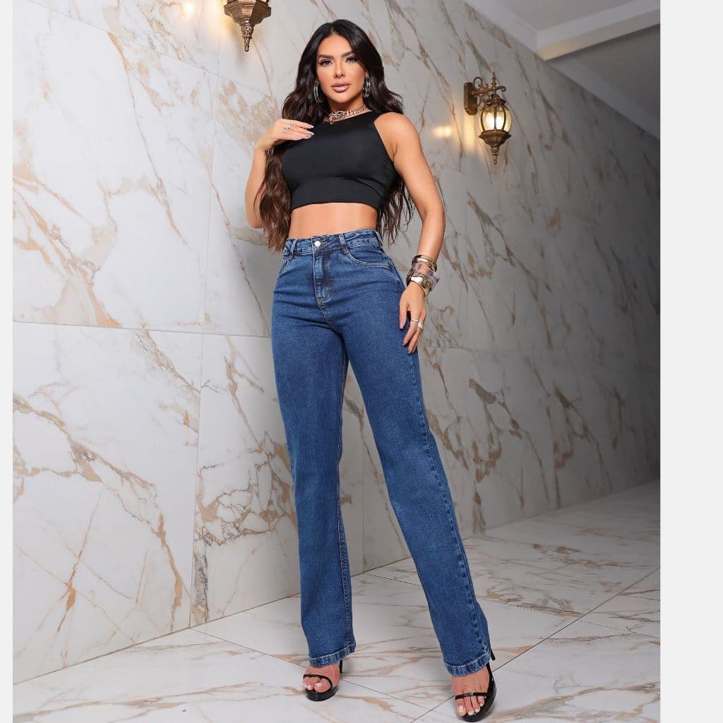 Calça Jeans Feminina Reta Wide Leg Fit com Lycra Compressor Interno e Modelagem que Afina a Cintura