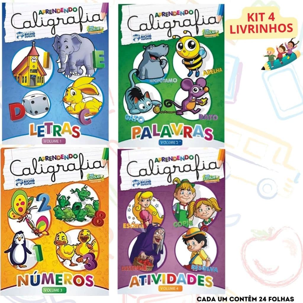 Kit 4 Livros Caligrafia Escolar Letras Números Palavras Atividades 24 Folhas cada Capa Capa Flexível