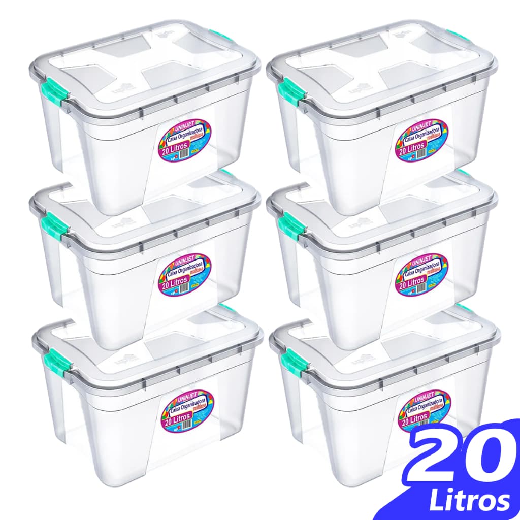 Kit 6 Caixa Organizadora 20 Litros Multiuso trava e Tampa Transparente lavanderia brinquedos armário kit 4 3 2