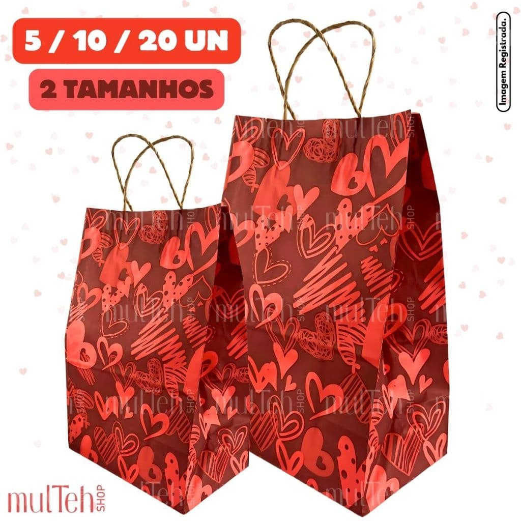 Sacola Papel Kraft Presente 10 Unidades Tamanho P ou G Dia Dos Namorados