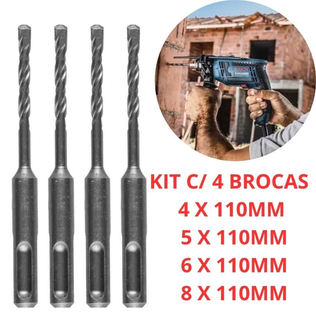 Kit Jogo De 4 Brocas Sds Plus Medidas 4, 5, 6, 8mm X 110mm