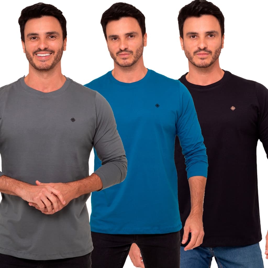 Kit Camiseta Manga Longa Algodão Premium Reforço de Ombro a Ombro