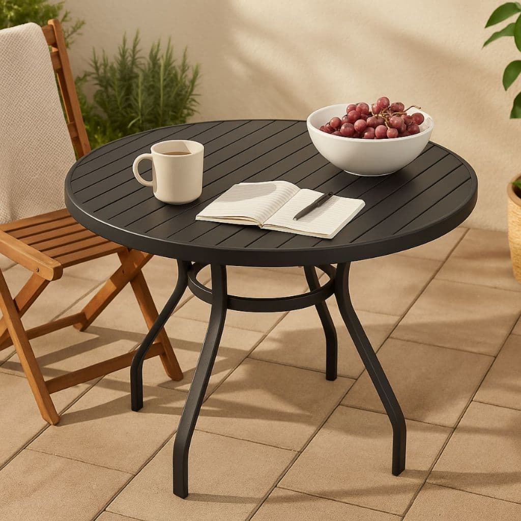 Mesa Alumínio Santorini Área Interna Externa Design Moderno Ripado 90cm Pintura Eletrostática Oferta
