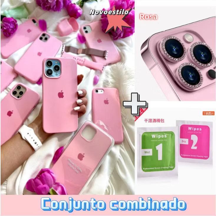 Kit Capa+Película de Câmera Diamante Capinha Aveludada 11 12 12PRO MAX 13PRO MAX 14 14PRO MAX 15 15PRO MAX 16 PRO 17PRO