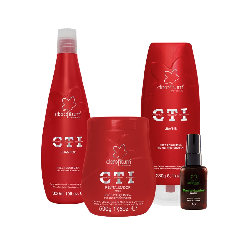 Kit CTI Pré e Pós Química, Shampoo 300ml, Máscara 500g, Leave-in 230 ml, Reparador de Pontas 35ml