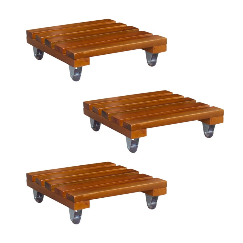 Kit 03 Suporte Vaso De Planta Rodízio Madeira Quadrado Rodinhas Multiuso Envernizado 20cm 25cm 30cm