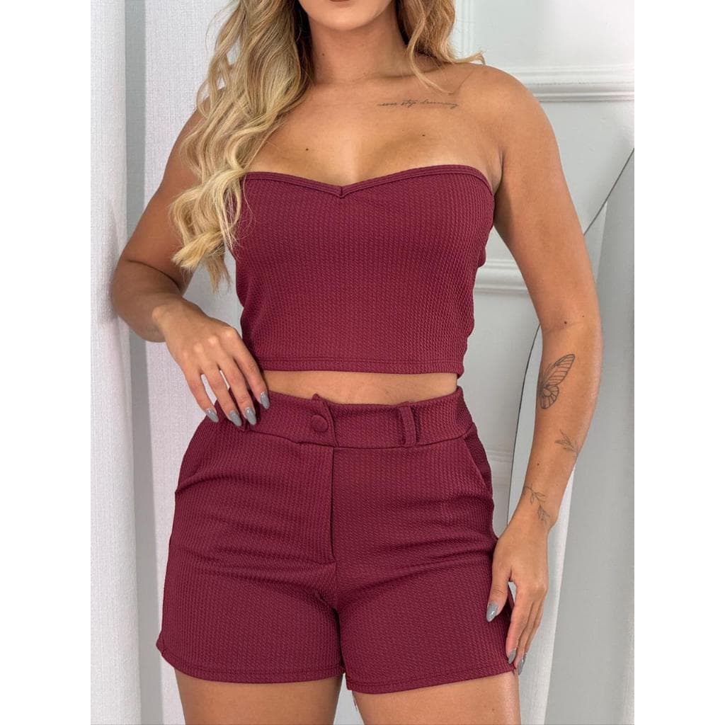 Conjunto Feminino Cropped Tomara que Caia Decote Coração e Short Botão Cintura Alta Curto com Bolso Casual Tendencia.