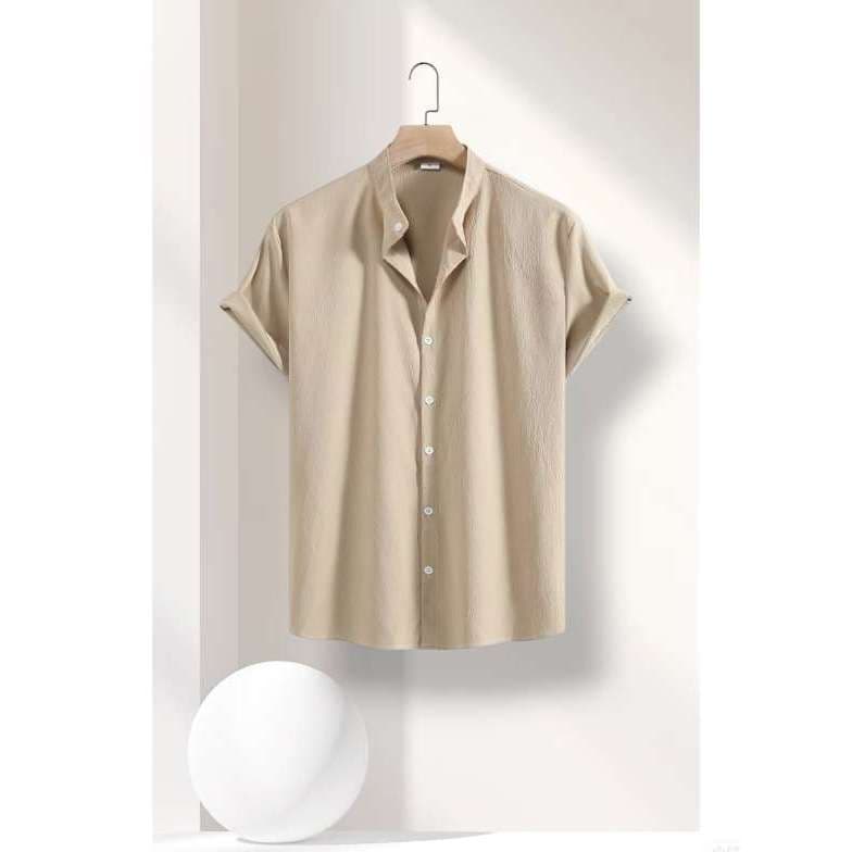 camisa masculina gola pastor social casual linho algodão manga curta moda luxo