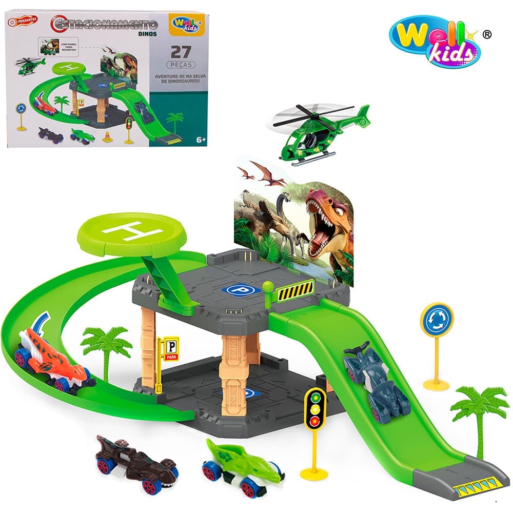 Pista Estacionamento Dinossauros Com helicóptero 27 peças Monta Monta Brinquedo de Montar Cidade Dino