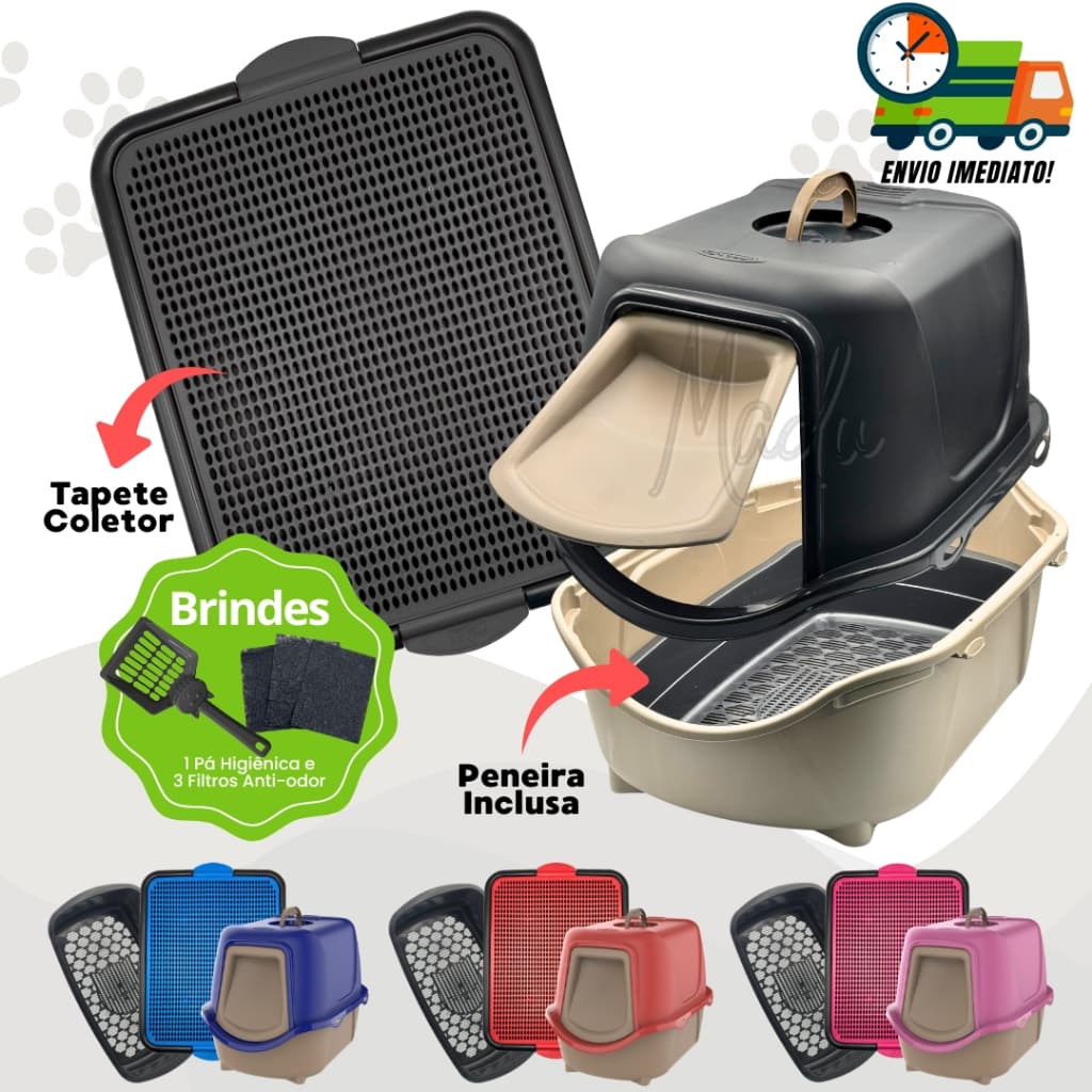 Kit Caixa de Areia Fechada Para Gatos Com Peneira Interna + Tapete Coletor + Pá e Filtro Anti Odor