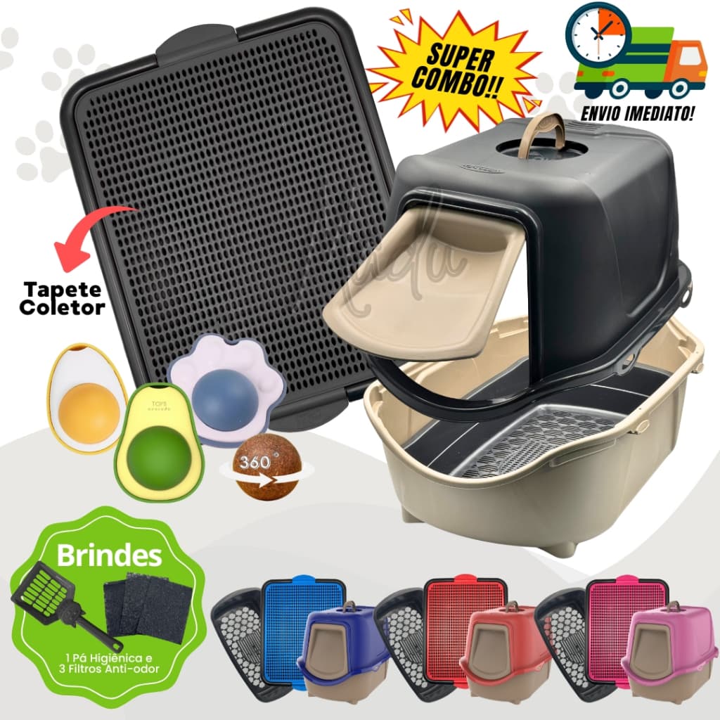 Kit Caixa de Areia Fechada Para Gatos Com Peneira + Tapete Coletor + CatNip + Pá e Filtro Anti Odor