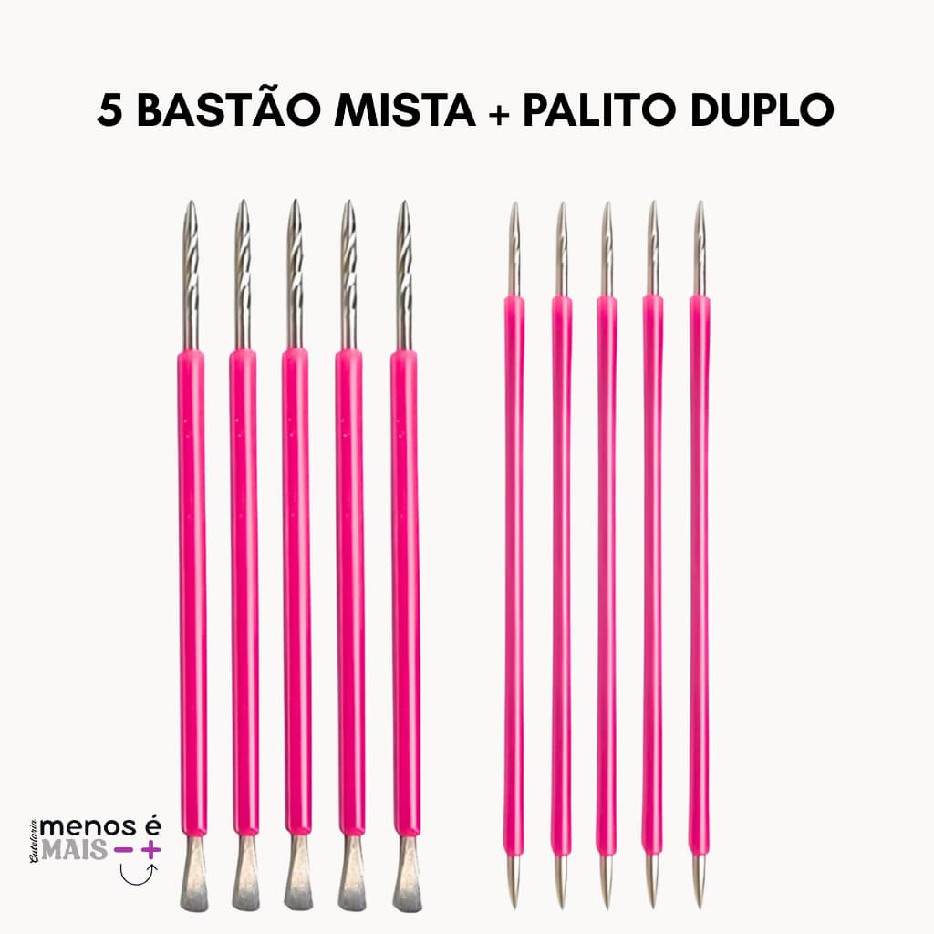 Kit 05 Palitos Unha + 05 Espátulas Mista Bastão Slim Manicure Podologia