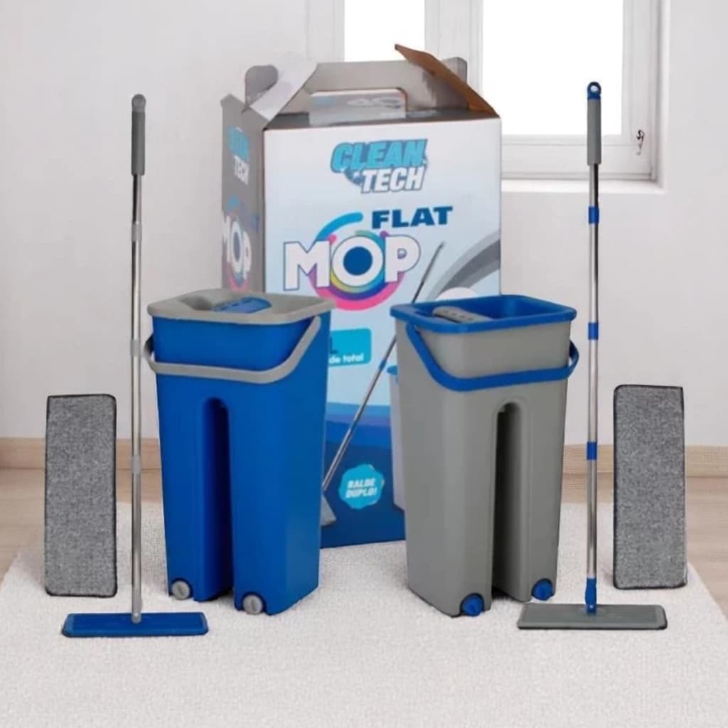Mop Rodo Flat 360 Balde Bipartido Lava e Seca Profissional Com 2 Refil MOP Flat Clean Tech Sortido