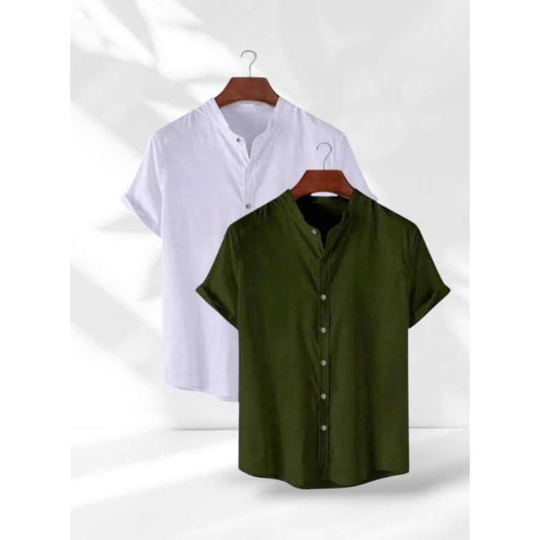 Kit2 peças camisa masculina gola pastor social casual linho algodão manga curta moda luxo