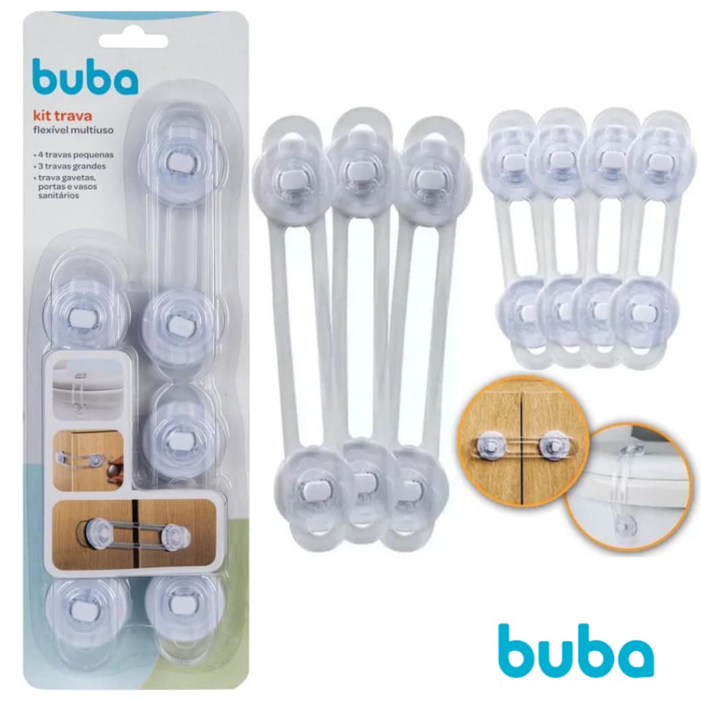 Kit 7 travas flexíveis multiuso para armários gavetas portas Buba