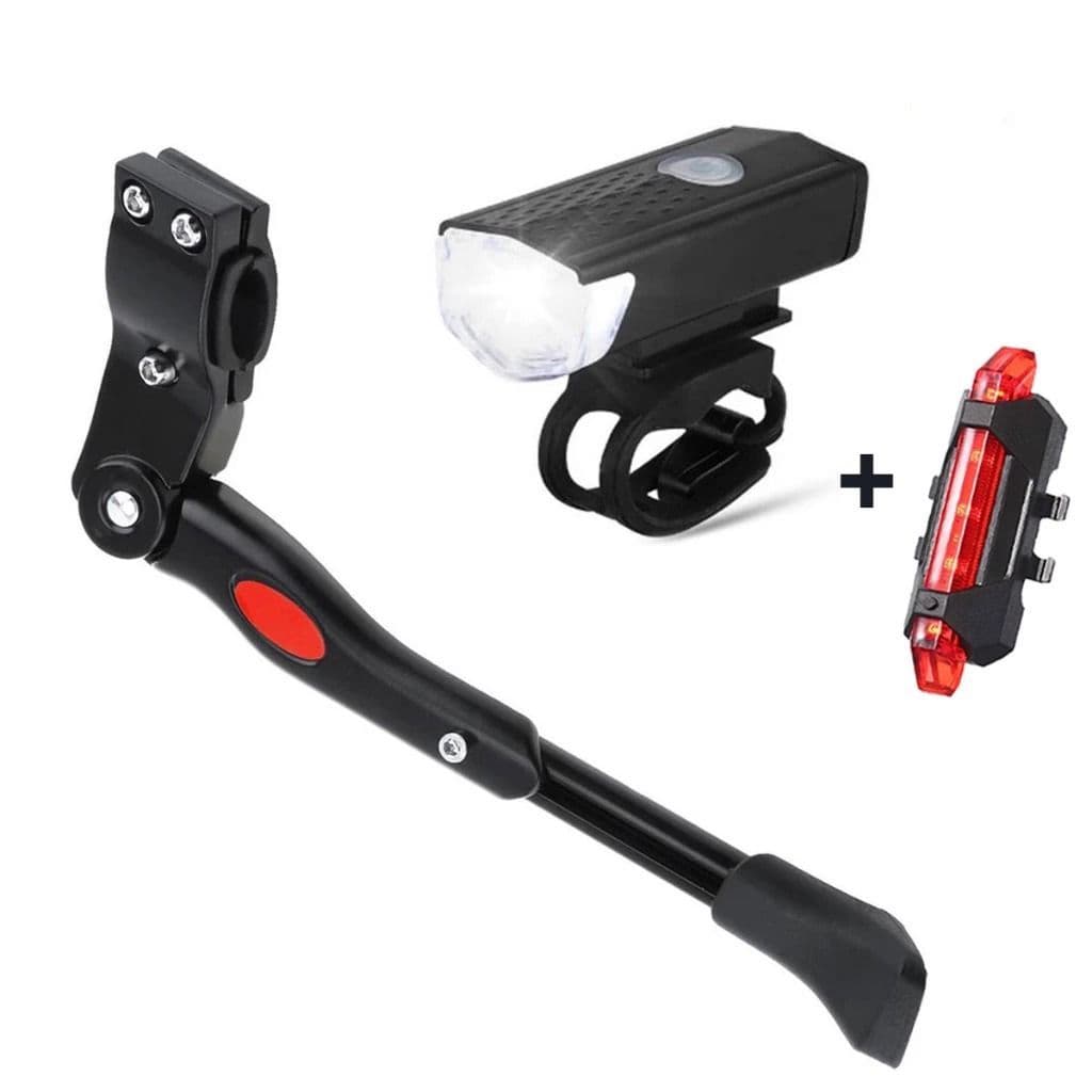 Kit Descanso Lateral Pezinho Bike Regulagem Aro 20 À 29 Alumínio + Lanterna Farol Bike 300 Lumens Sinalizador Traseiro