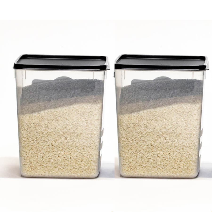 Kit 2 Potes Mantimento Retangular Herméticos 5kg Arroz Capacidade 8,0L Empilhável Tampa Preta Trava Vedação Freezer Gela