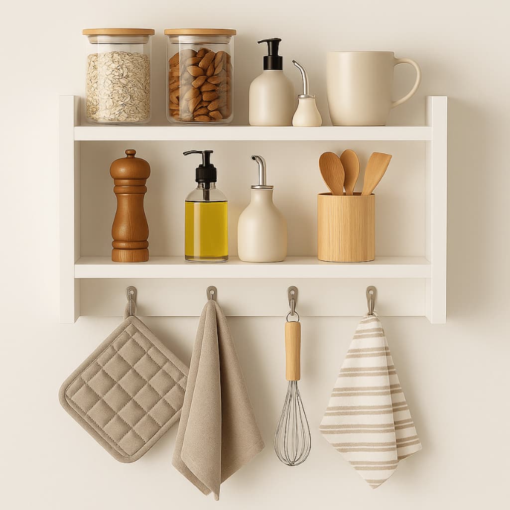 Prateleira de Parede MDF Branco com 2 Prateleiras e 4 Ganchos Porta Toalhas Cozinha Banheiro