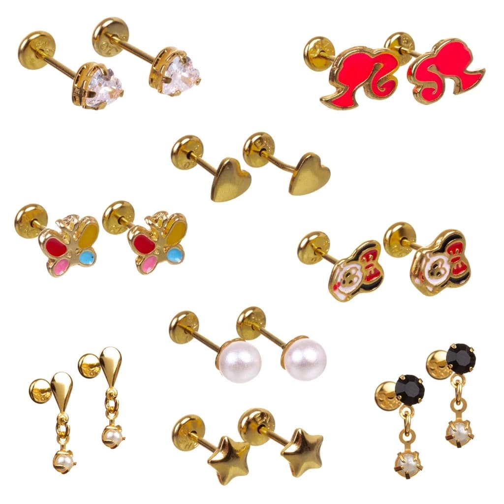 1 OU Kit Com 5 Pares Brincos com tarraxa baby infantil folheados a ouro