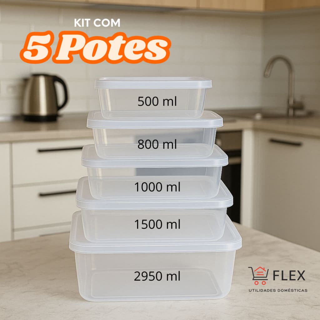 Kit 5 Potes - Transparente Retangular - Marmita 5 Tamanhos - BPA Free - Micro-ondas e Freezer