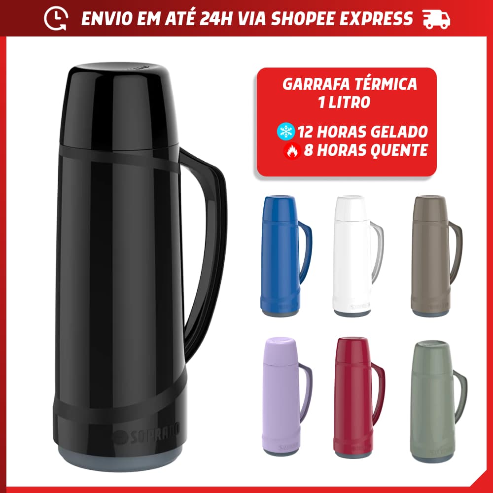 Garrafa Térmica 1 Litro café chá Soprano 24 Horas Quente Garantido Diversas Cores