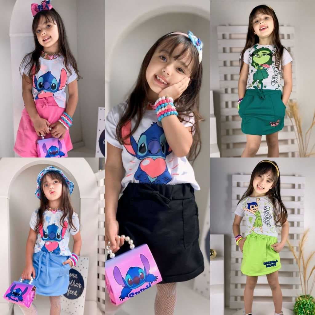 Conjunto Infantil Menina Personagens Blusinha Baby Look de Algodão e Short Saia de Moletinho