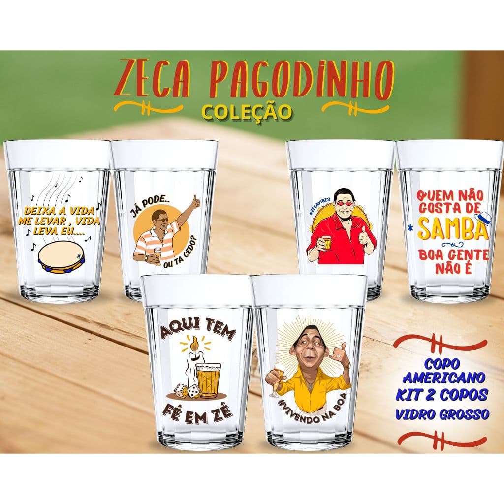 2 Copos Americanos 190ml Vidro Personalizado Coleção Cervejinha Zeca Pagodinho Presente Criativo