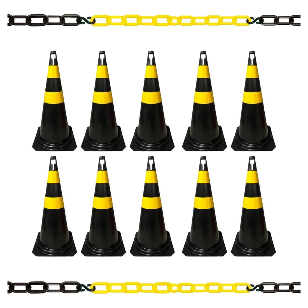 10 Cones Sinalização Segurança Pvc 75CM Demarcação Transito + 10 Metros de Corrente