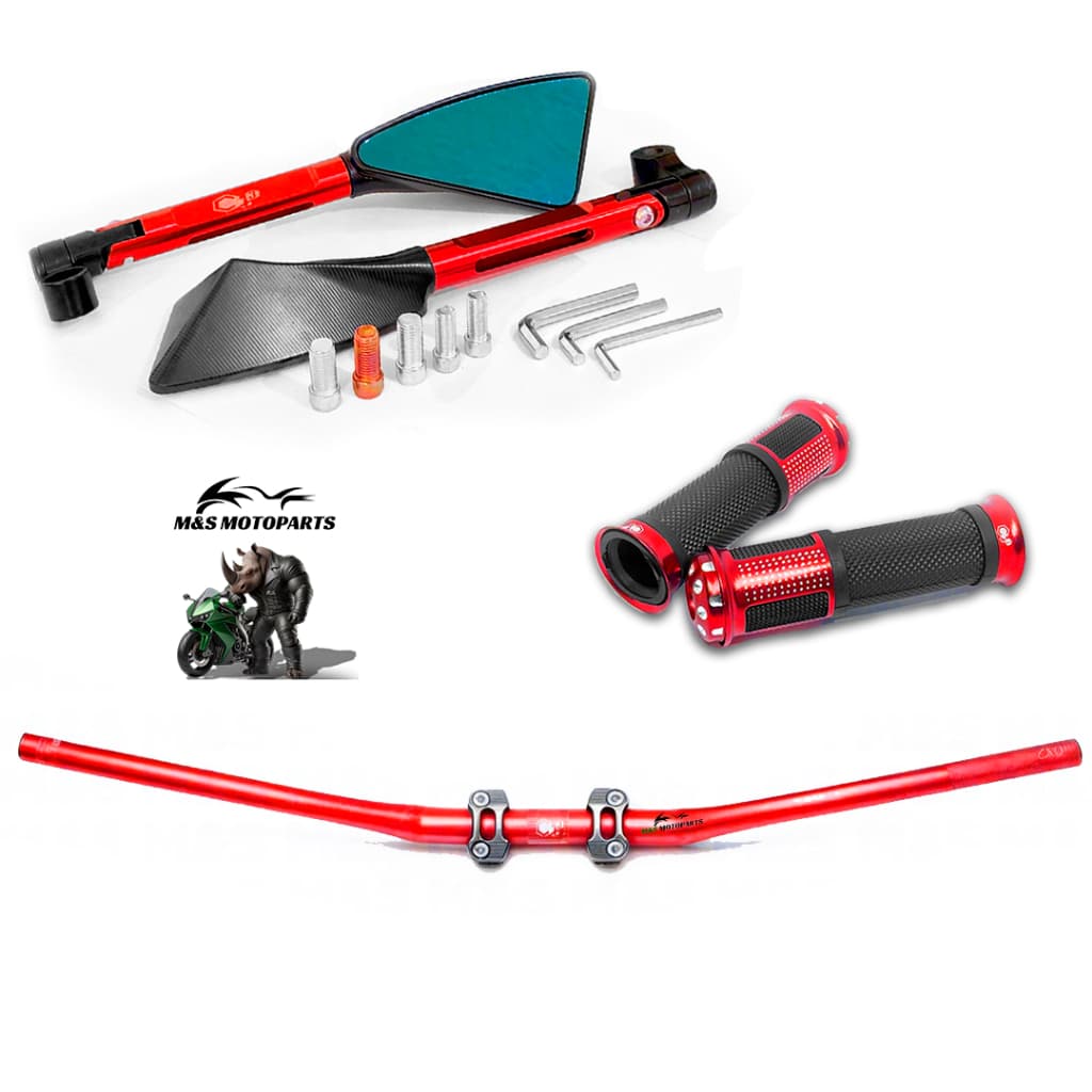 Kit Guidão Fat Bar Baixo + Retrovisor Tomo 3 pontas e Manopla - Moto Titan, Fan, Fazer, Twister