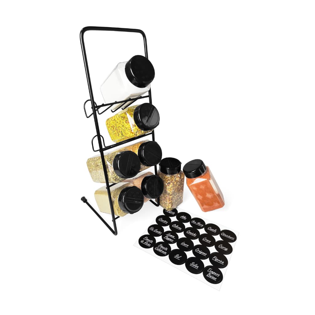 Porta Temperos Condimentos Vertical Mesa Bancada Cozinha + 8 Potes 220ml Tampa Dupla + Etiquetas