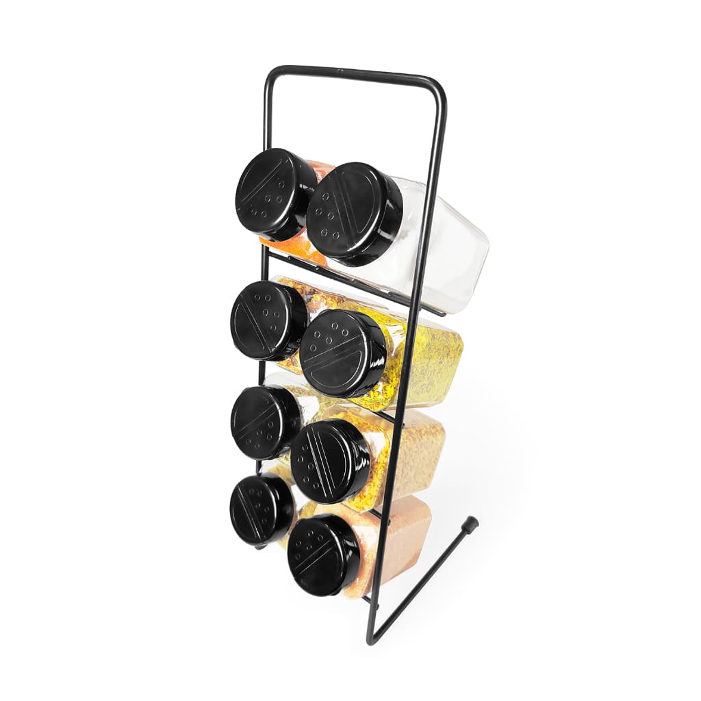 Porta Tempero Vertical de Ferro + 8 Potes 220ml Tampa Dupla com Etiquetas Condimentos Cozinha
