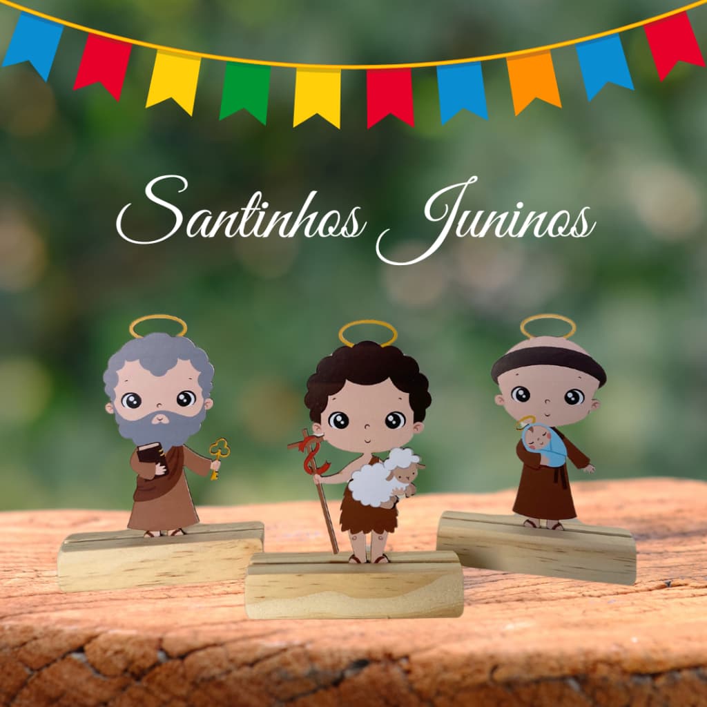 Santinhos Juninos - Imagens Religiosas em MDF - São João Batista, São Pedro e Santo Antônio