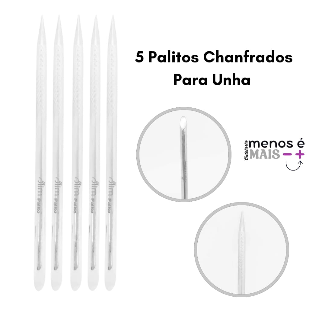 Kit 5 Palito Ponta Chanfrada Unha Manicure Profissional Inox Slim