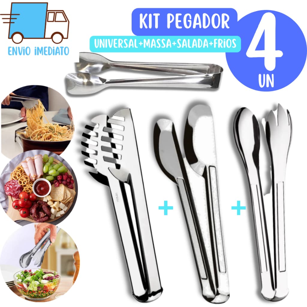 Kit 4 Pegadores Universal  Massas Salada Pegador de Frios Em Aço Inox Para Cozinha e Restaurantes