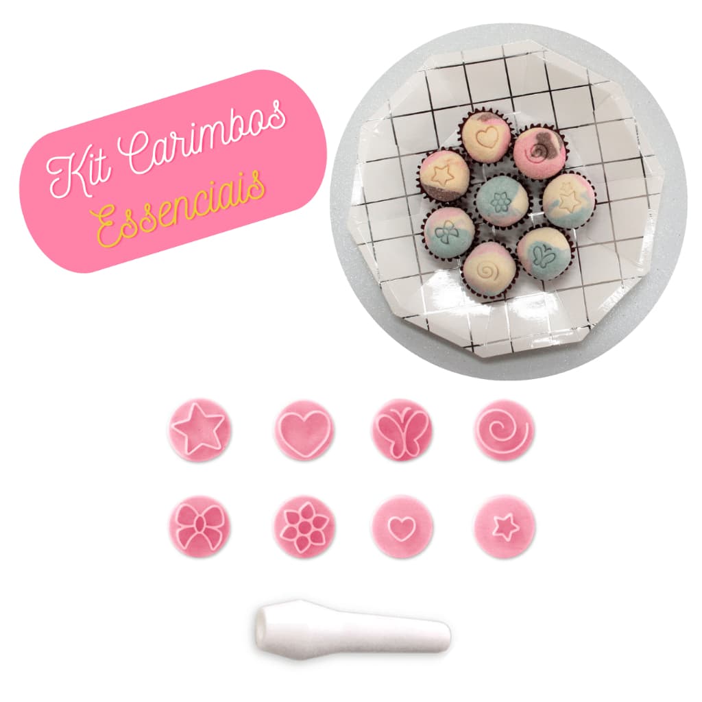 Kit Carimbos Essenciais para Confeitaria | 8 Desenhos + Cabo | Marcações 8mm | Rosa Bebê