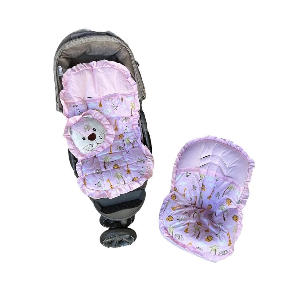 Kit Capa para Carrinho + Capa para Bebê Conforto + Almofadinha Decorativa 100% Algodão Safari Rosa