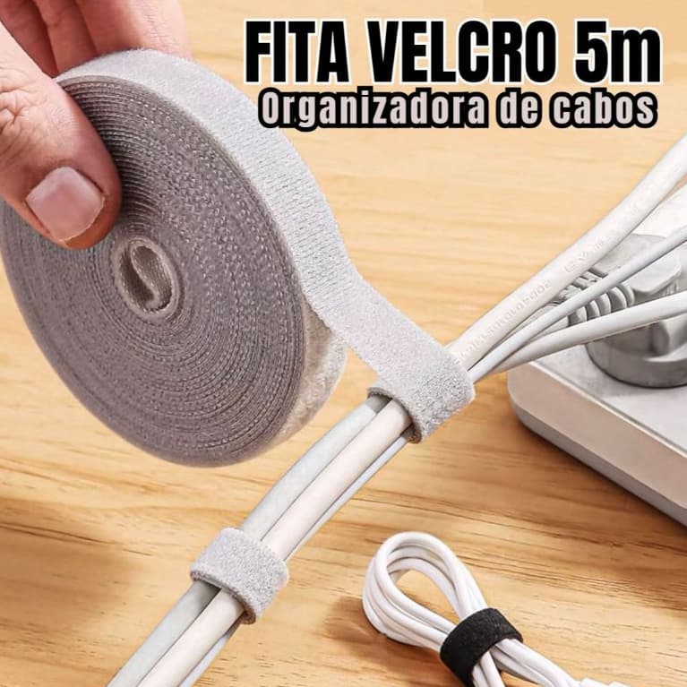 Fita Velcro Organizadora de Fios e Cabos 5m - Organizador de Mesa Desktop 5 metros Reutilizável