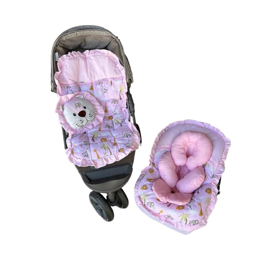 Kit Capas para Carrinho + Capa Bebê Conforto + Apoio Redutor + Almofada Decorativa Safari Rosa