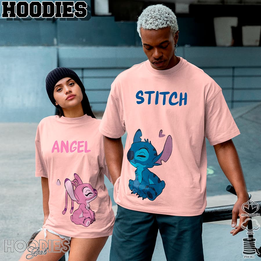 Kit 2 Camisetas Casal Estampadas Angel E Stitch Love Experiments Desenho Animado Unissex