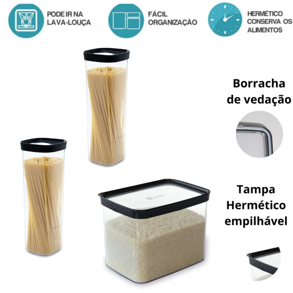 Kit 3 Potes (4L+2L) - Macarrão espaguete, Pães, Arroz e Utilidades - Organização de armários |