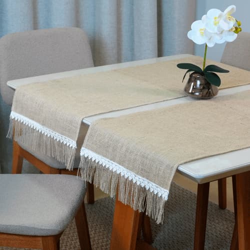 Caminho Trilho De Mesa Rústico De Juta 1.30m x 46cm Trilho de Mesa Posta Bege com Franja
