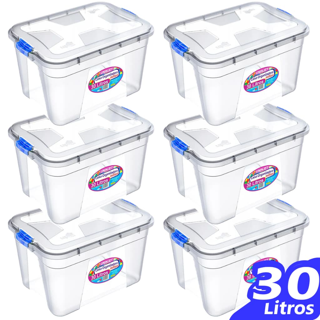 Caixa Organizadora 30 Litros com Tampa  e Trava Transparente lavanderia Multiuso roupas brinquedos lavanderia