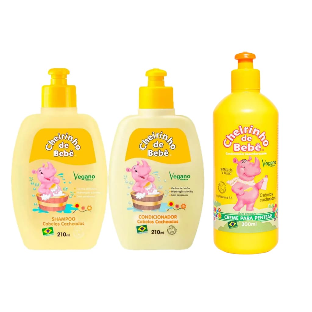 Kit Infantil Cheirinho De Bebê Amarelo Cachos Shampoo Condicionador e Creme de Pentear Kanitz